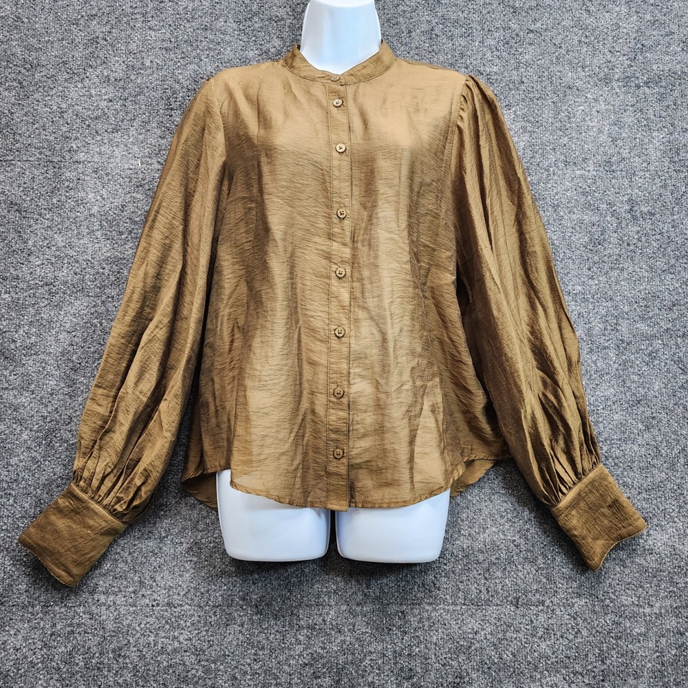 Anthropologie Women's Balloon Sleeve Band Collar Lyocell Boho Workwear Blouse M